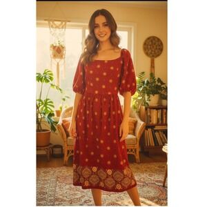 Vintage Victor Costa Velour Midi Dress‎ Women's 10 Red Floral Retro Cotton RARE